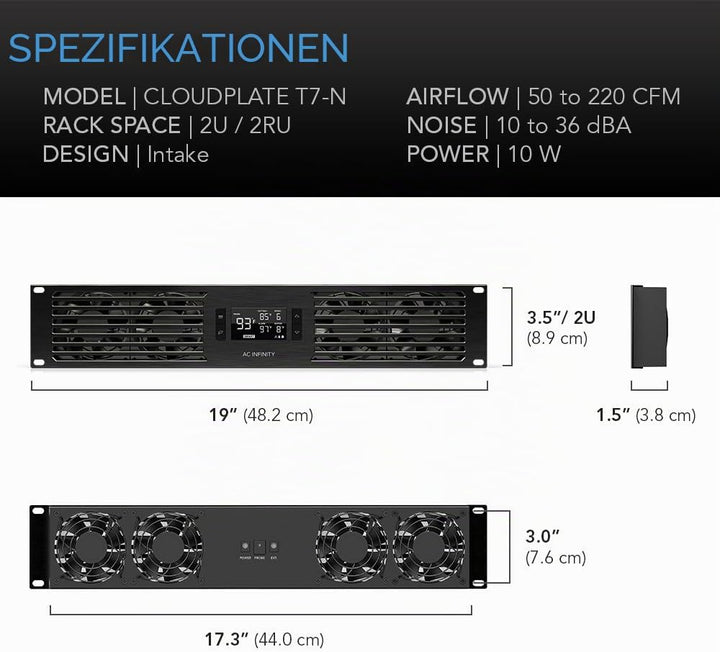 AC Infinity CLOUDPLATE T7-N, Rack-Mount Fan Panel 2U, Ansaugluft, für Kühlung AV, Heimkino, Netzwerk