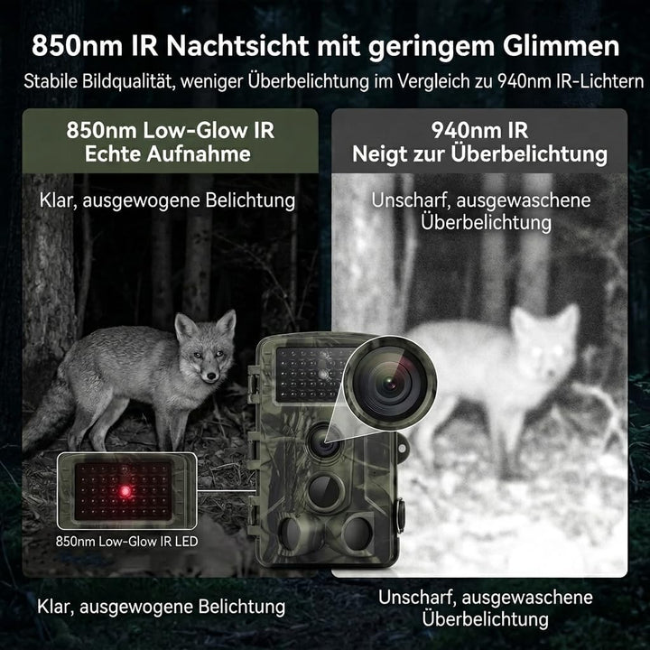 Wildkamera, 50MP 4K Wildtierkamera mit Bewegungsmelder Nachtsicht, IP65 Wasserdicht, Weitwinkel 120