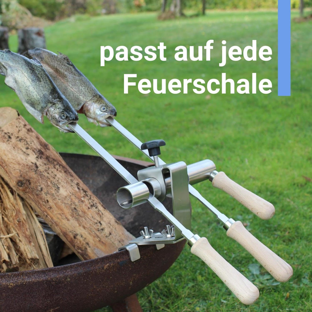 Premium Steckerlfisch Halter für Feuerschale - Platz für 2 Fische - Fisch Grill Aufsatz passt auf je