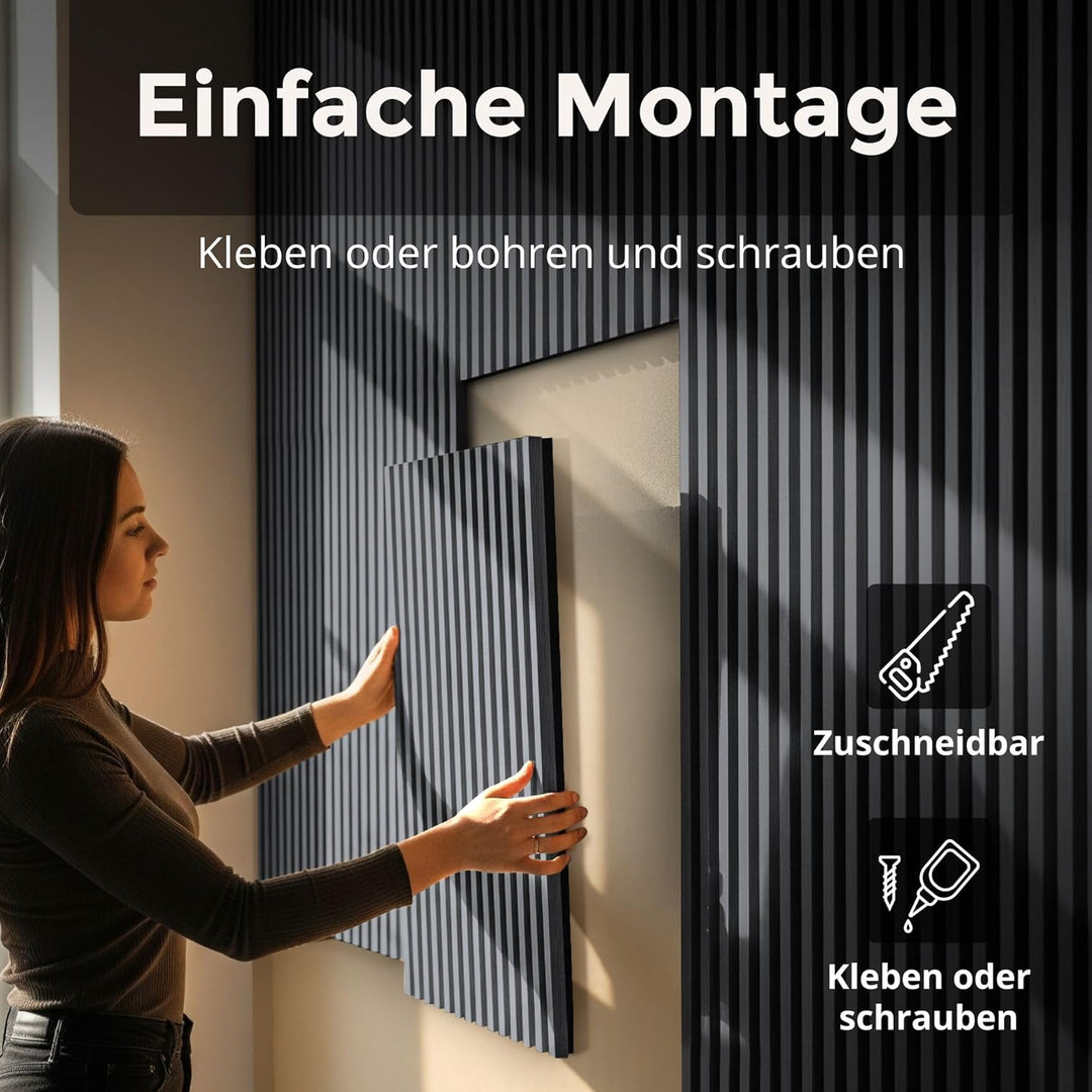 Akustikpaneele 60x60cm, 4 Stück Eiche Schwarz, Wandverkleidung Wanpaneele Holz, Lamellenwand mit Ger