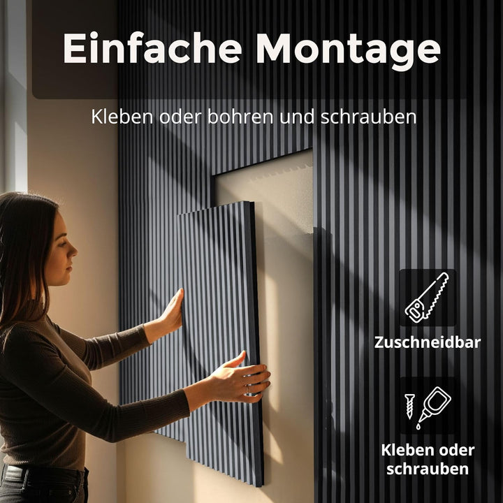 Akustikpaneele 60x60cm, 4 Stück Eiche Schwarz, Wandverkleidung Wanpaneele Holz, Lamellenwand mit Ger