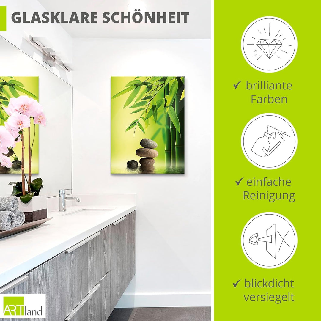 ARTland Glasbilder Wandbild Glas Bild einteilig 60x80 cm Hochformat Asien Wellness Zen Steine Spa Bl