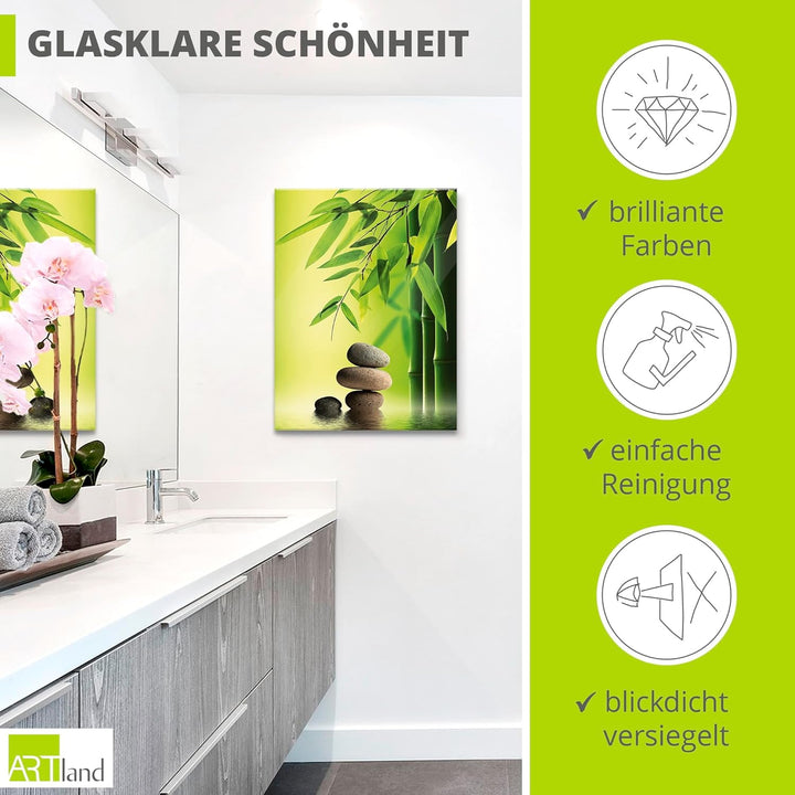ARTland Glasbilder Wandbild Glas Bild einteilig 60x80 cm Hochformat Asien Wellness Zen Steine Spa Bl