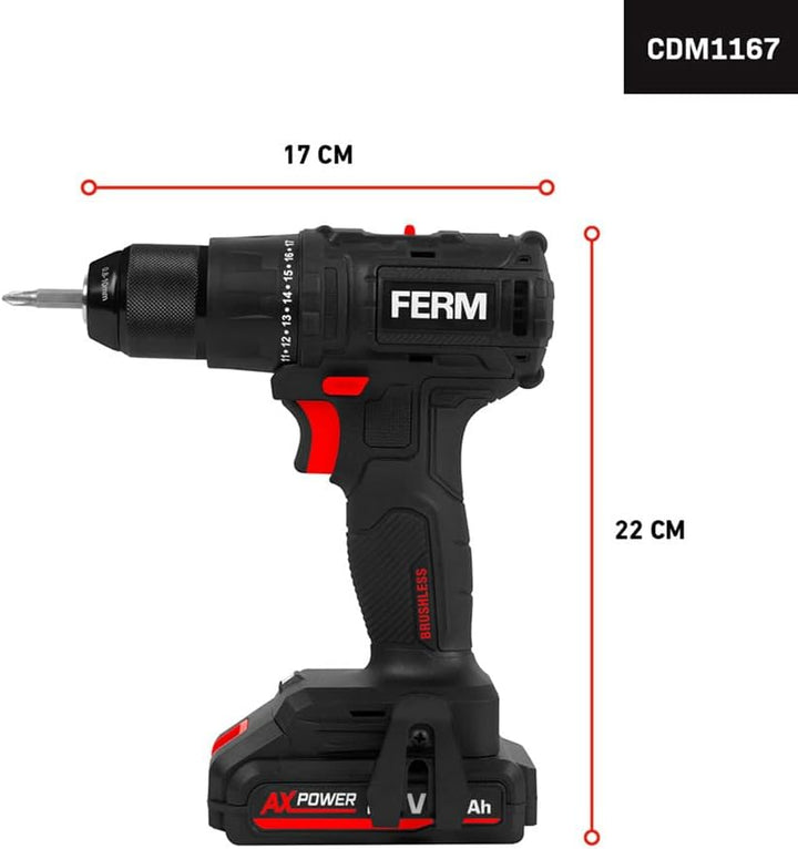 FERM Akku-Bohrmaschine 20V – Inklusive 2,0Ah Li-Ion Akku und Ladegerät – Mit Transportkoffer – Bürst