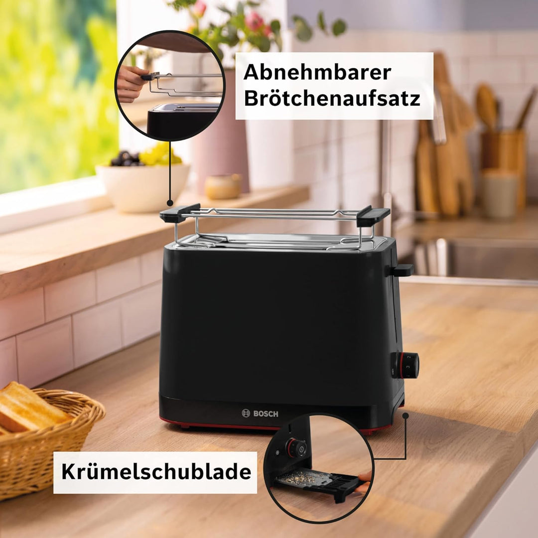 Bosch Kompakt Toaster MyMoment TAT3M123, entnehmbarer klappbarer Brötchenaufsatz, mit Auftaufunktion