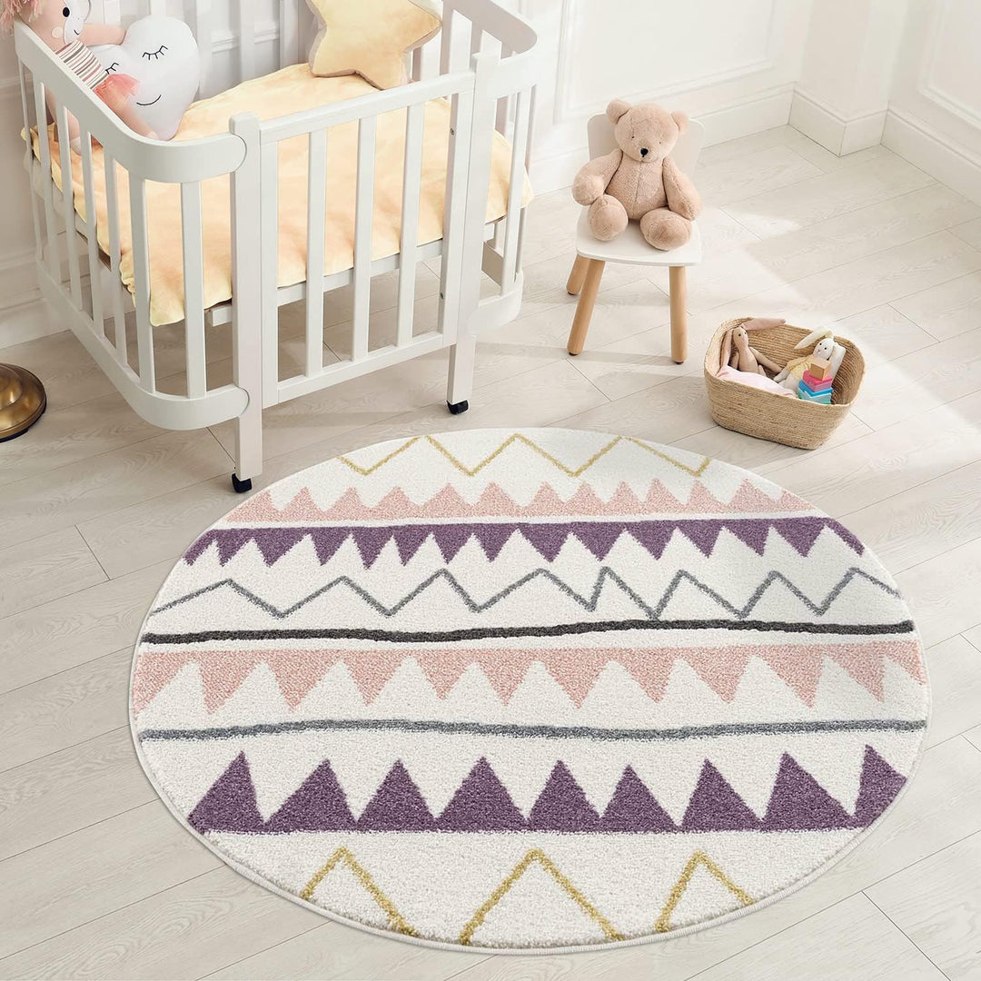 carpet city Kinderteppich - Zickzack-Motiv 120 cm Rund Creme Rosa - Kinderzimmer Teppich Modern Mädc