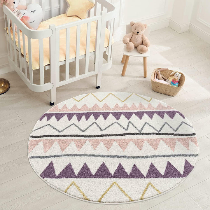 carpet city Kinderteppich - Zickzack-Motiv 120 cm Rund Creme Rosa - Kinderzimmer Teppich Modern Mädc