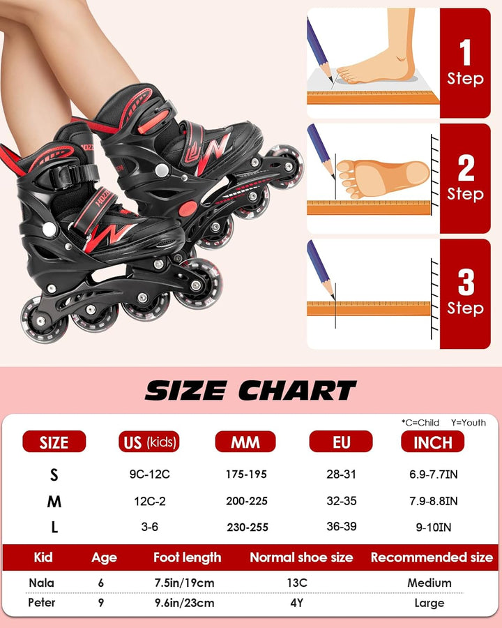 Hozzen Inline Skates Kinder, Verstellbar Inliner für Kinder, Inliner für Mädchen und Jungen, Inline