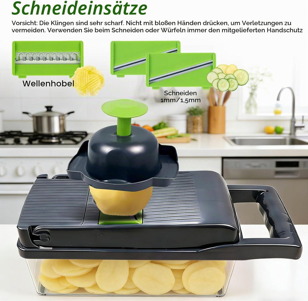 16-in-1 Gemüseschneider & MandoIine – Multifunktionaler Gemüsehobel mit Auffangbehälter, Abtropfkorb