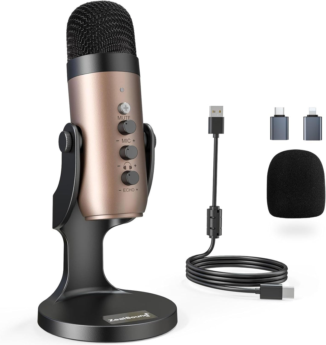 zealsound USB Mikrofon PC, k66 Gold Podcast Mikrofon für PC Handy PS4&5, Kondensator Microphone mit