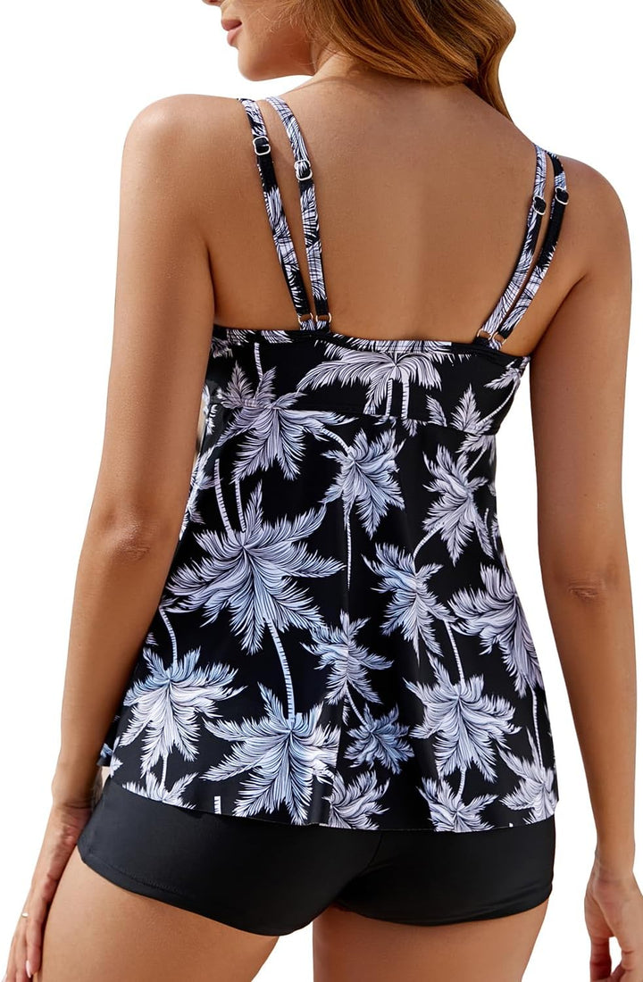 VILOREE Damen Tankini Set Figuroptimizer Zweiteilig Blumen Bademode Mit Hotpants L Kokosnussbaum (N9