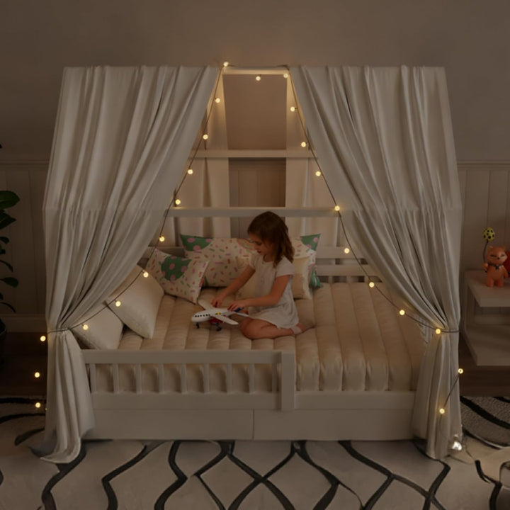 Hausbett Himmel mit Lichterkette 2 Stück Deko Baldachin Hausbett Vorhang,Betthimmel Musselin Stoffhi