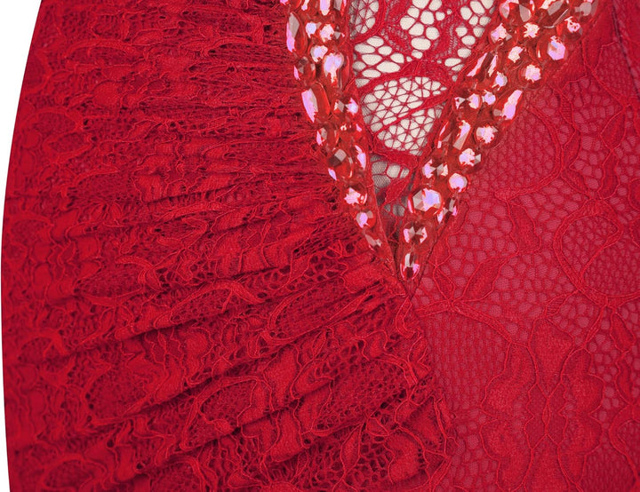 Angel-fashions Damen V-Ausschnitt Spitze Teilt Gekräuselt Bördeln Mantel Hochzeitskleid, Rot