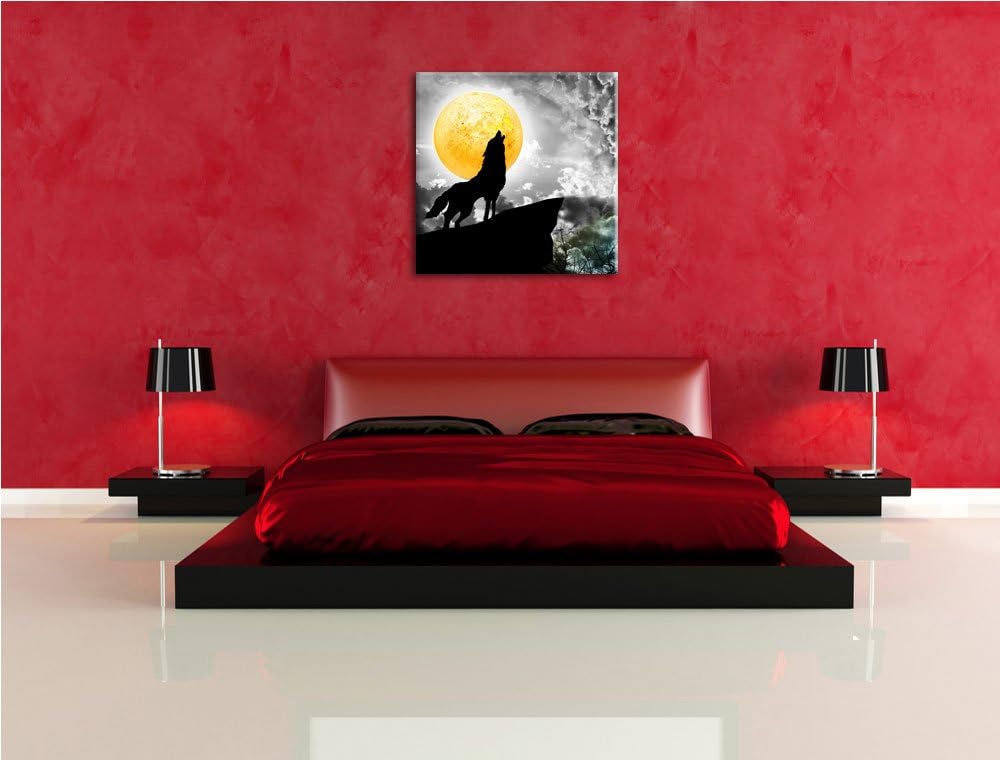 Pixxprint Mystischer Wolf im Vollmond als Leinwandbild/Grösse: 70x70 cm/Wandbild/Kunstdruck/fertig b