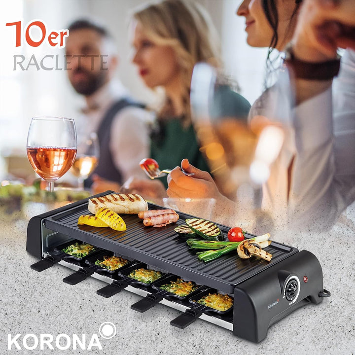 Korona 45060 Raclette für 10 Personen | XXL-Raclette mit 10 Pfannen & Holzspateln | Antihaftbeschich
