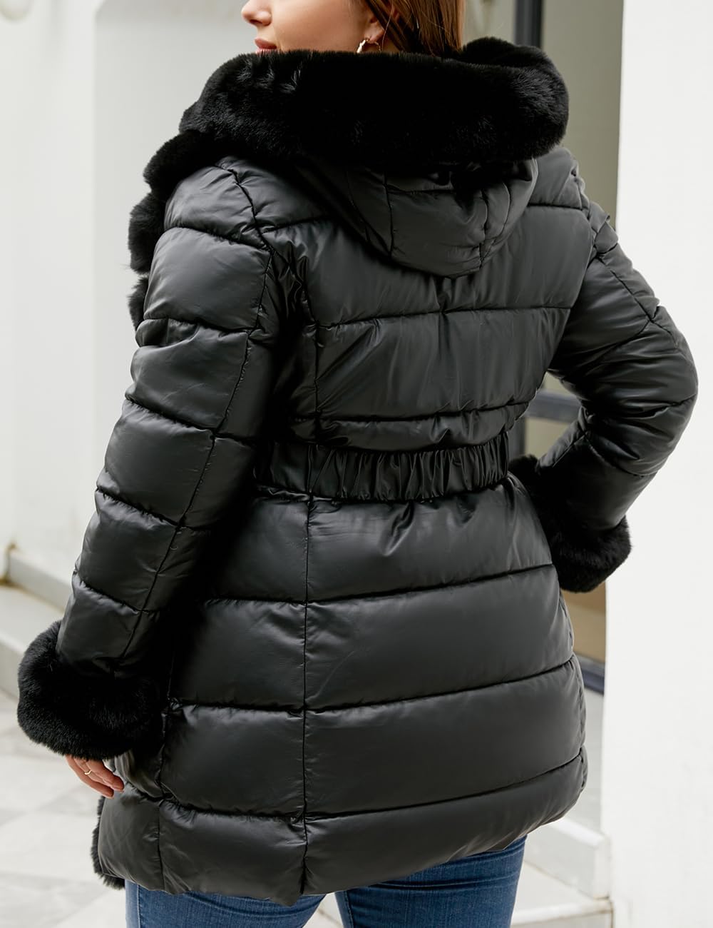 Geschallino Damen Grosse Grössen Gesteppt Leicht Winter Lang Steppmantel mit Kapuze (XL-5XL) XL Schw
