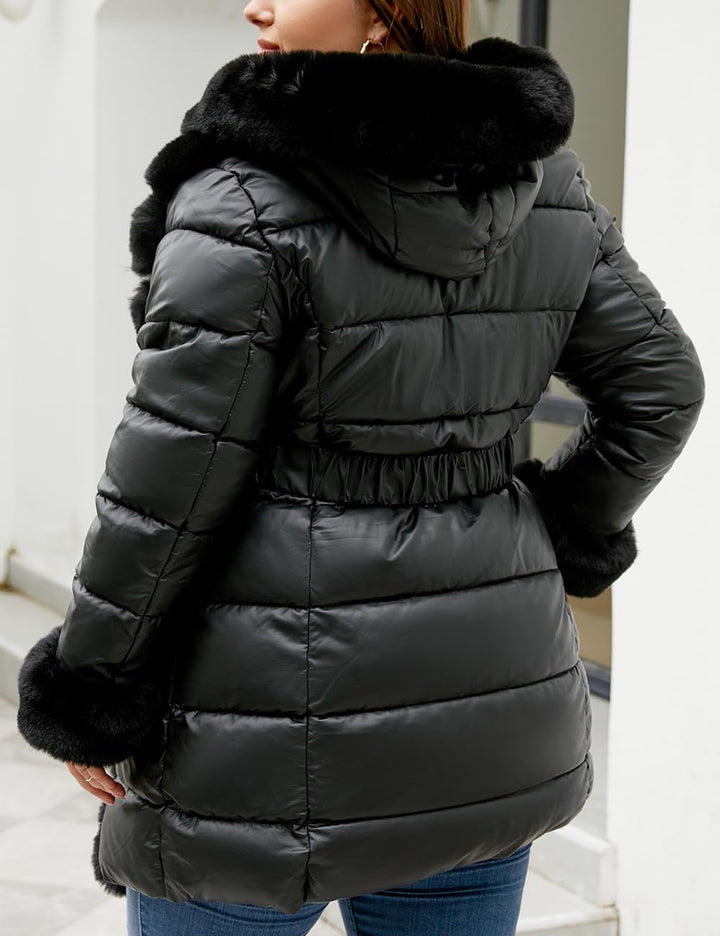 Geschallino Damen Grosse Grössen Gesteppt Leicht Winter Lang Steppmantel mit Kapuze (XL-5XL) XL Schw