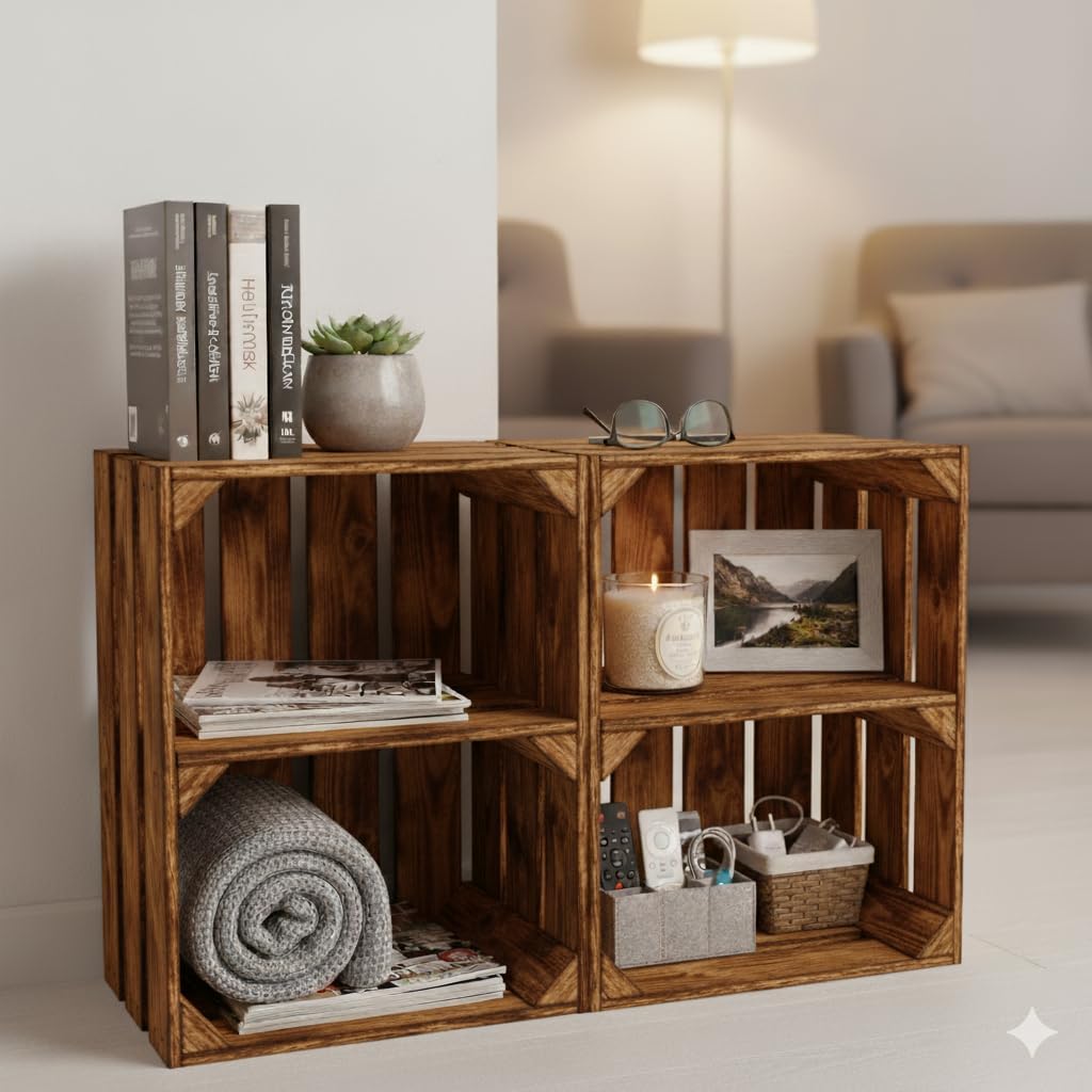 Teramico Vintage Holzkisten 40 x 30 x 25cm geflammt | Weinkisten &amp; Obstkisten | Set-Angebote (4er Se