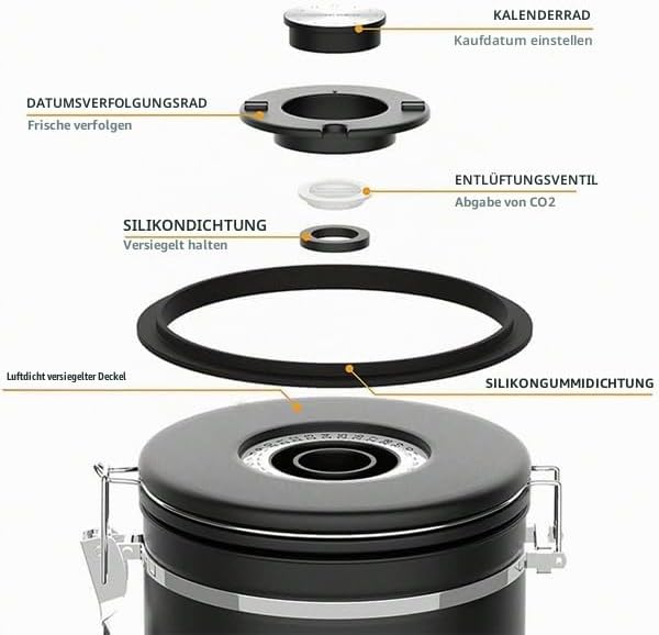 Kaffeedose Luftdicht – Premium Kaffeebohnen Behälter für 1.8L Bohnen &amp; Gemahlenen Kaffee – Vakuum Ka