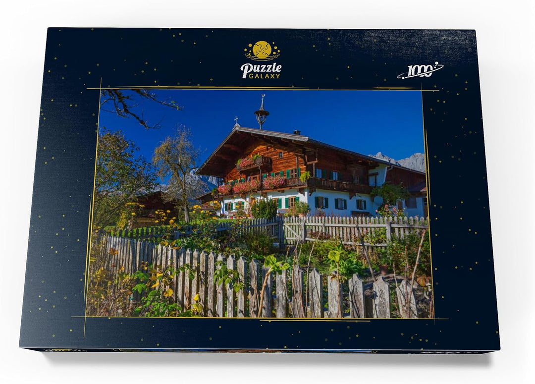 Bauernhaus gegen Kaisergebirge (2344m), Reith bei Kitzbühel, Österreich - Premium 1000 Teile Puzzle