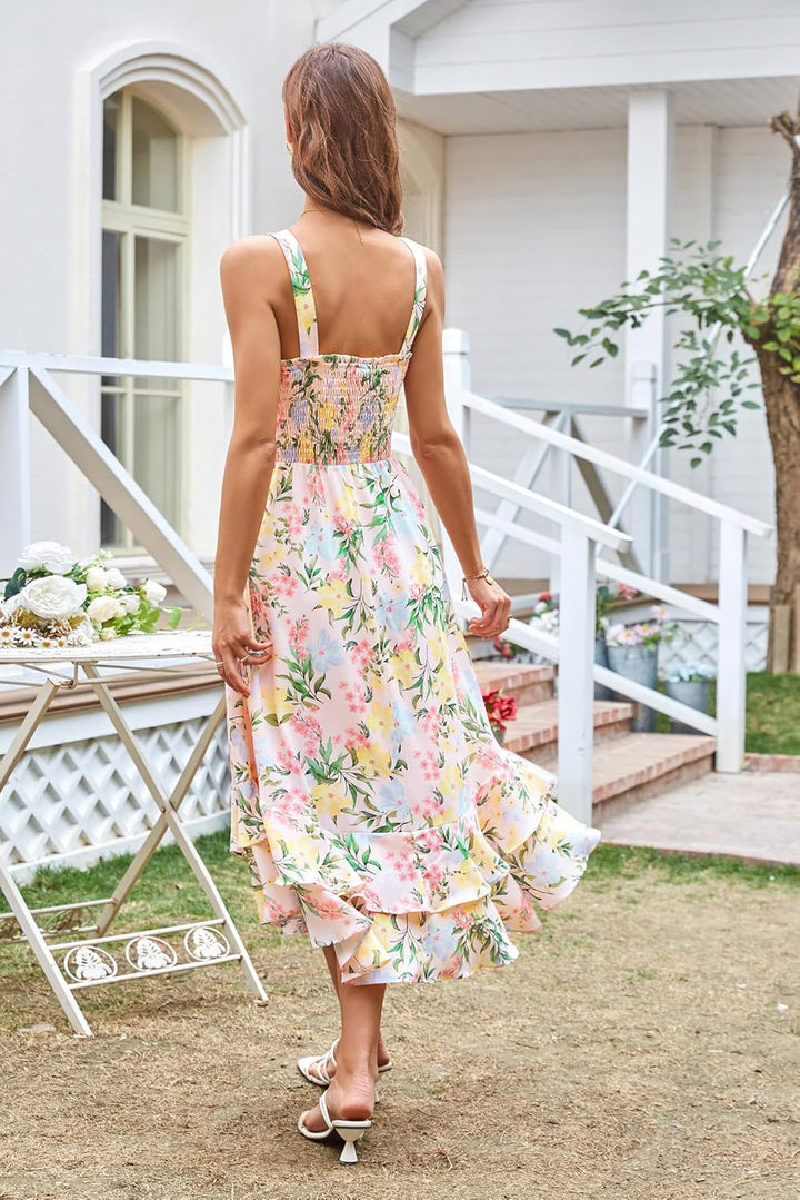 GRACE KARIN Damen langes Blumenkleid Ärmellos Spaghettiträger Freizeitkleid Böhmisch Maxikleid Stran