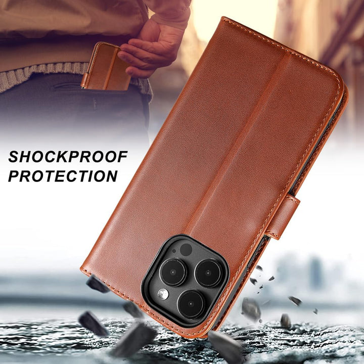 LENSUN Echtleder Hülle für iPhone 15 Pro Max, Handyhülle [Echtes Leder][Kartenfach][RFID Schutz] Han