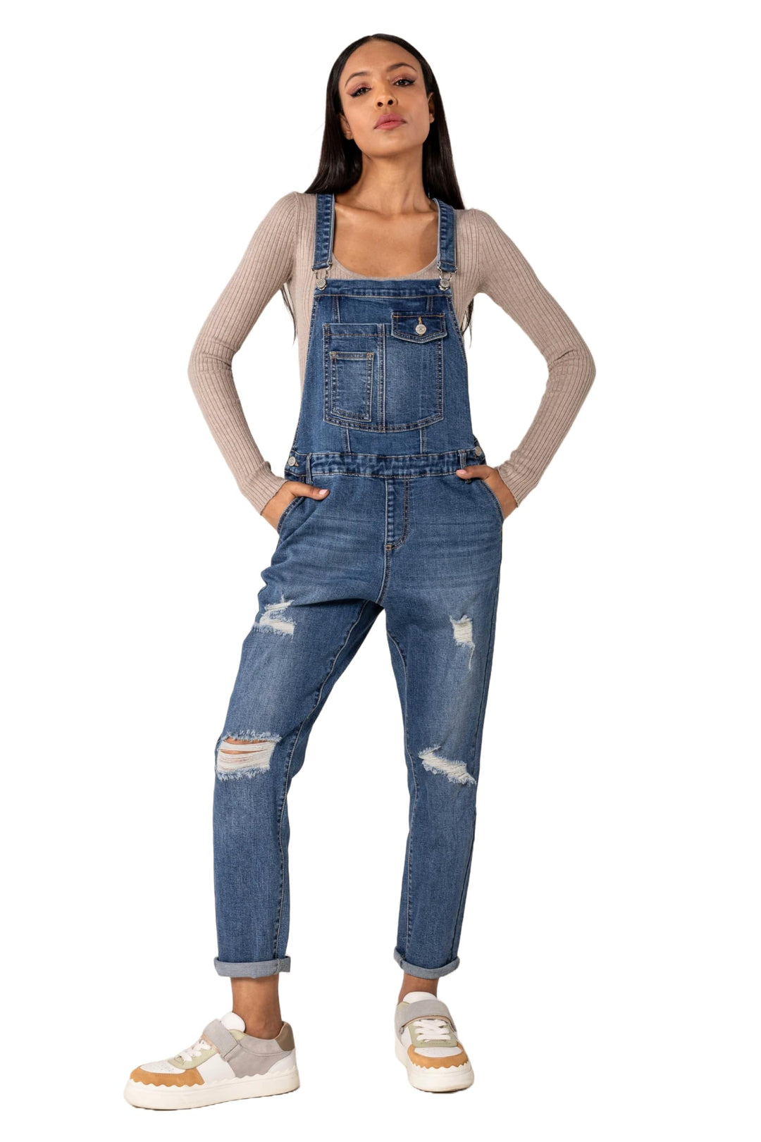 Nina Carter Damen Latzhose Jeans Boyfriend Denim Overall Jumpsuit Used-Look Sommeroverall XS Blau (S
