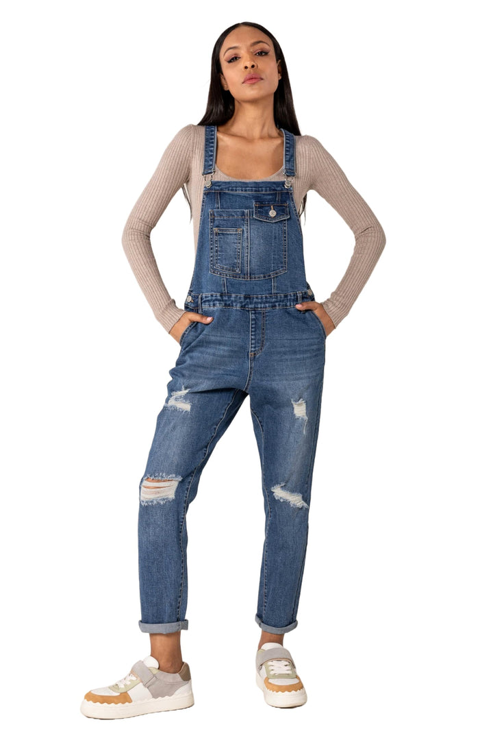 Nina Carter Damen Latzhose Jeans Boyfriend Denim Overall Jumpsuit Used-Look Sommeroverall XS Blau (S