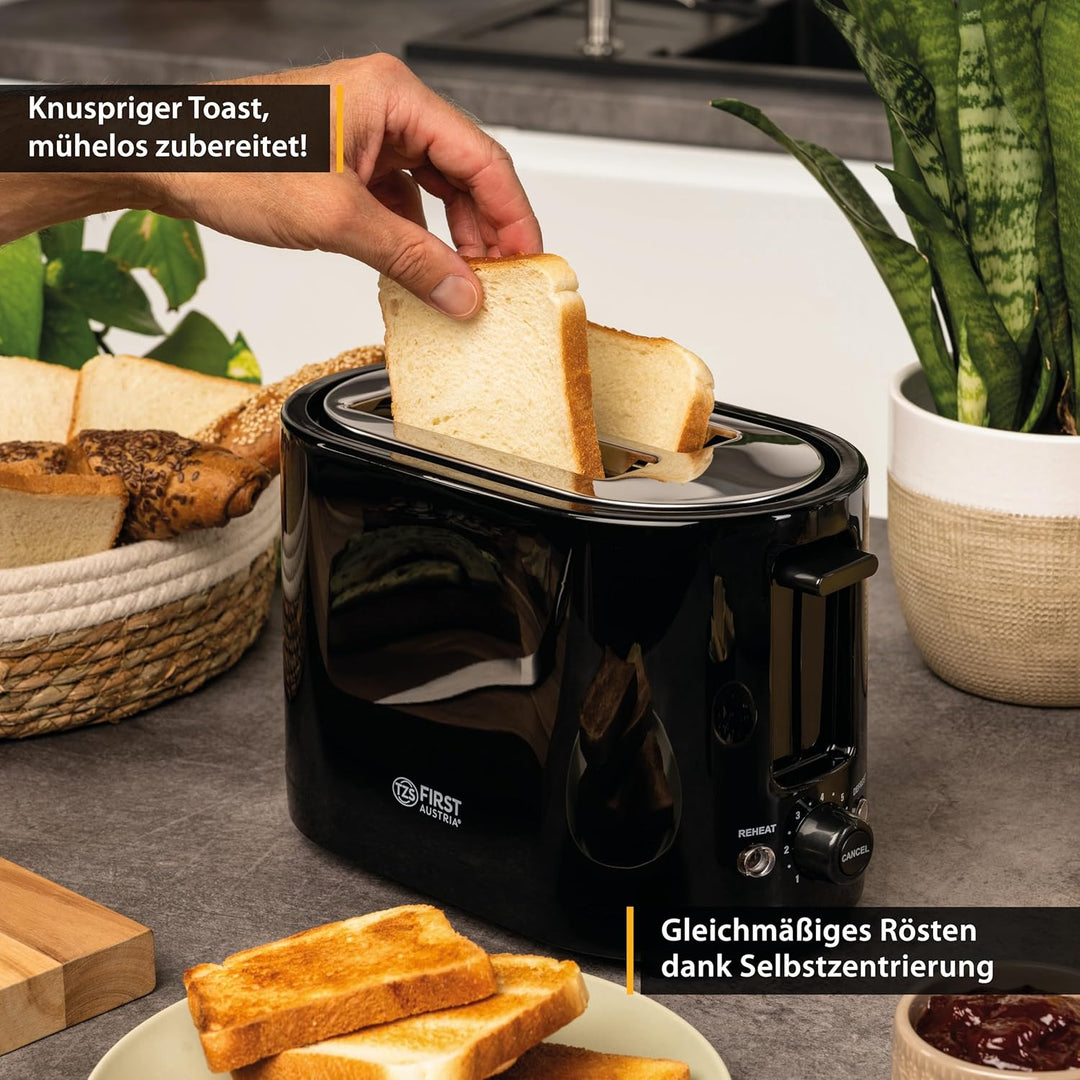 TZS First Austria Doppel Kurzschlitz Toaster, 2 Scheiben, schwarz, 750W, 7 Stufen, Warmhalte- und Au