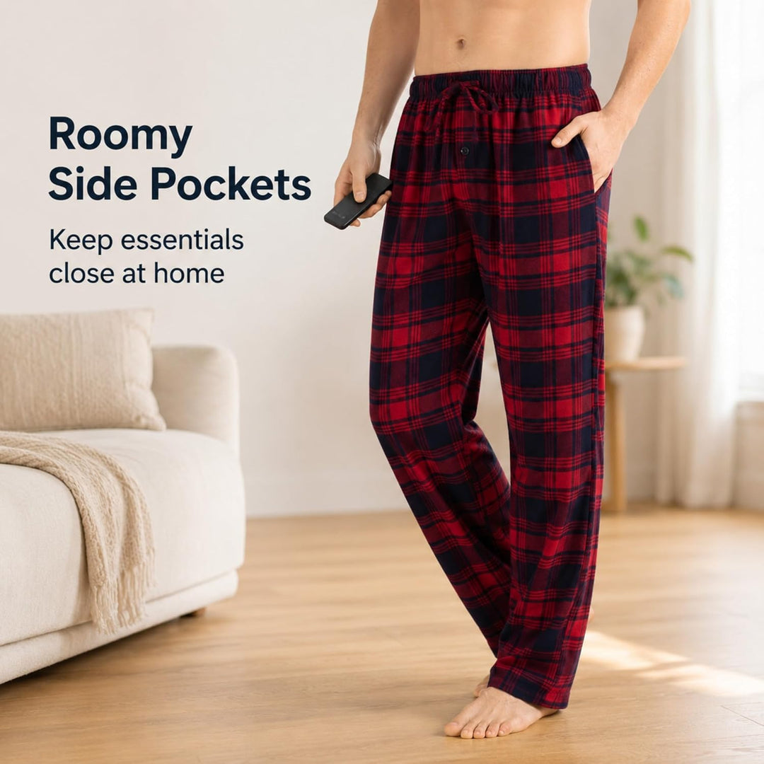 Herren 100% Baumwolle Flanell Bequeme Pyjama/Lounge Bottoms mit Taschen M Navy Red Plaid, M Navy Red