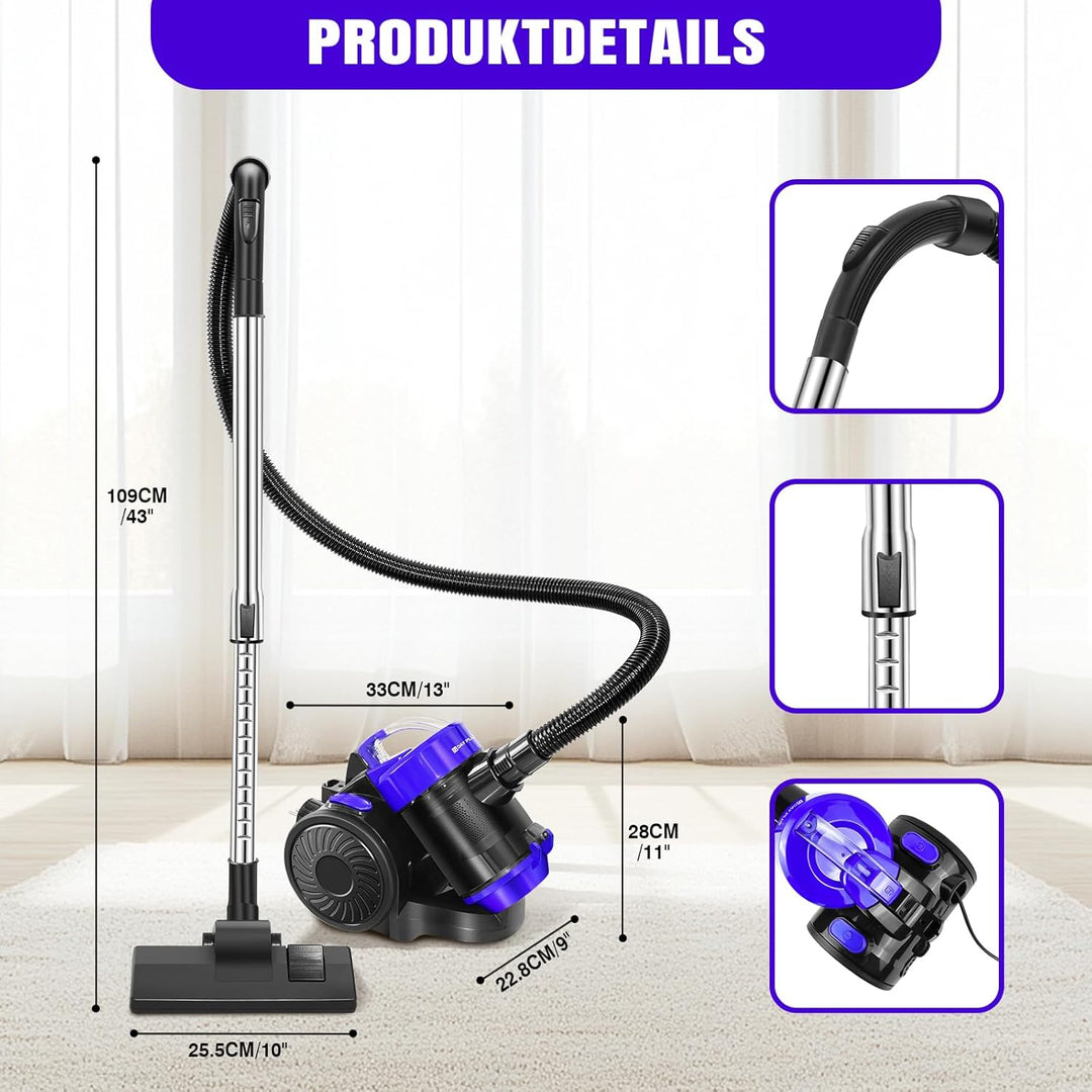 Beutelloser Staubsauger, 1500W Staubsauger Beutellos, Staubsaugers ohne Beutel 25 kPa, Leise, mit HE