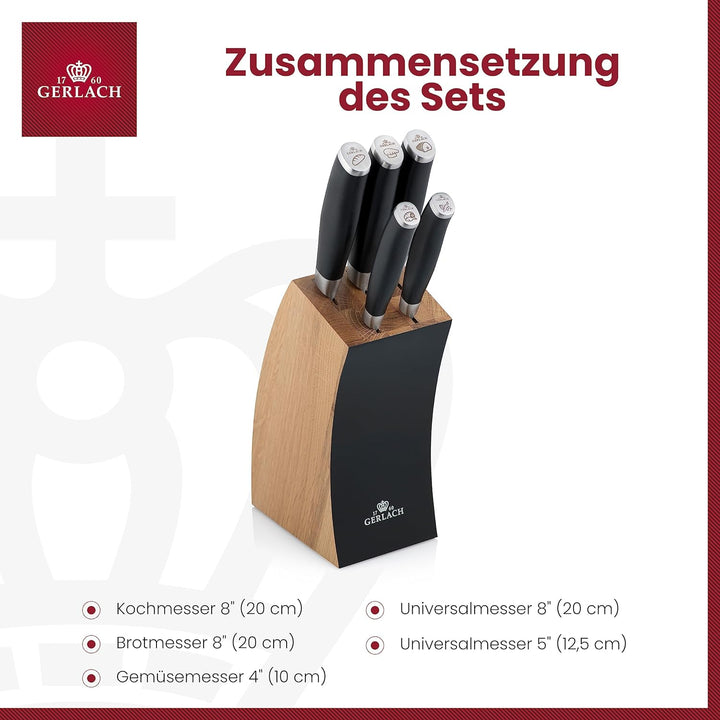 Gerlach Deco Black Messerblock Messerset Küchenmesserset 5 Messer aus Edelstahl Buchenholz Küchenmes