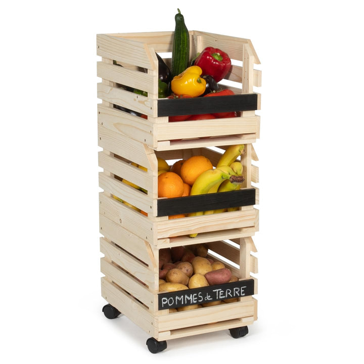 IDMarket - Set aus 3 stapelbaren Holzregalen für Obst und Gemüse