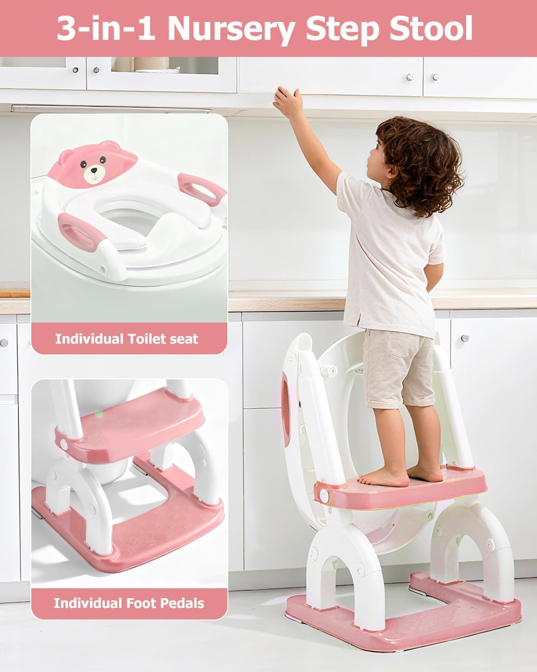 Toilettensitz Kinder mit Treppe,2in1 Höhenverstellbar Faltbarer Toilettensitz Kinder mit Gepolsterte