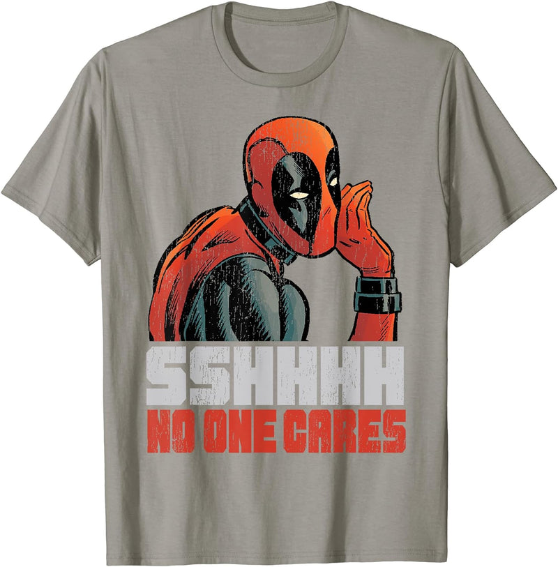 Mens Marvel Deadpool SHHH No One Cares Whisper Graphic T-Shirt C1 2XL Olive