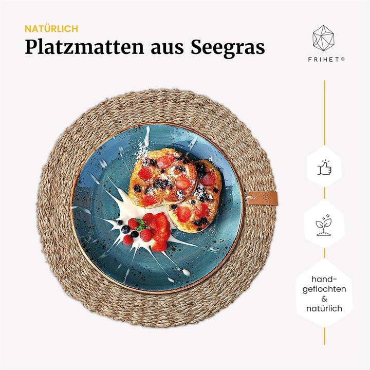 FRIHET® Platzsets rund aus Seegras für Tischdeko | Platzdeckchen für den Esstisch | 4er Tischset Nat