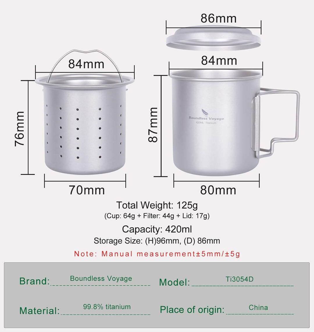 iBasingo 420ml / 14.2 fl oz Titan Becher mit Teesieb und Deckel Leichte Tasse mit Filter Outdoor Cam