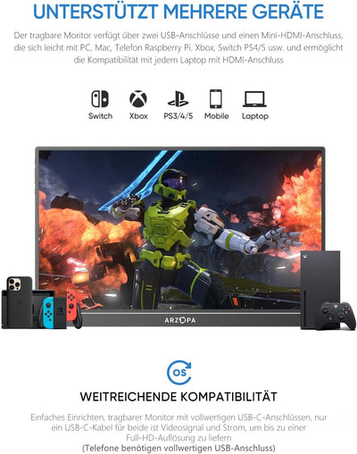 ARZOPA 16.1" 144HZ Portable Monitor, 1920×1080 FHD IPS Tragbarer Monitor für Laptop mit Einstab, Unt