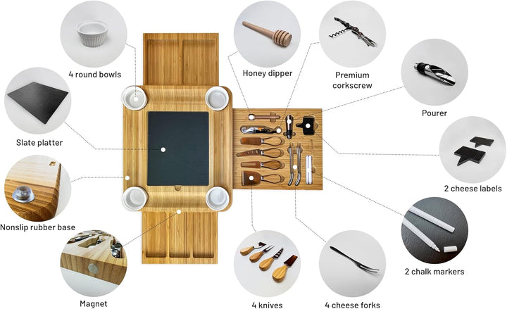 Bambus Käsebrett und Messer-Set Keramik-Schalen Weinöffner – 100% Bio-Holz Serviertablett Charcuteri