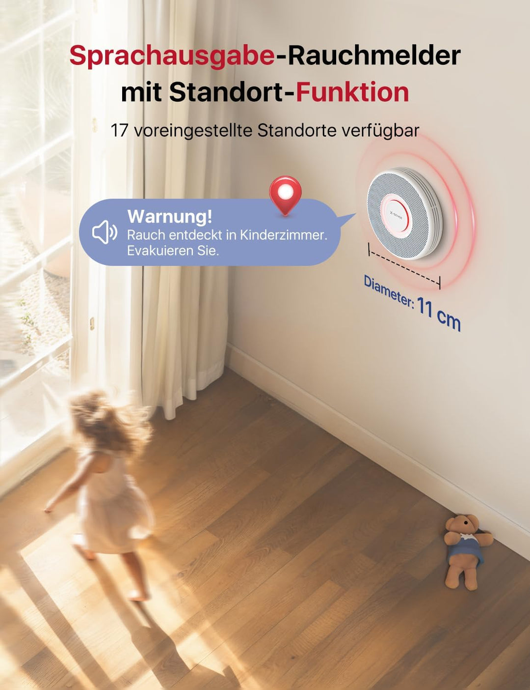 X-Sense Smarter Rauchmelder WLAN mit Sprachausgabe und 17 Standorten, Feuermelder, Rauchmelder verne