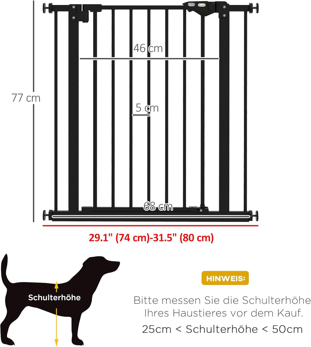 PawHut Türschutzgitter Hunde, Absperrgitter, 74-80 cm, Treppenschutzgitter für Haustier, Schutzgitte