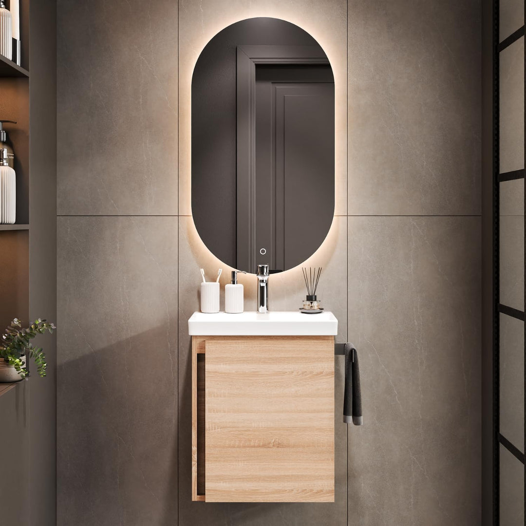 Planetmöbel Waschtischunterschrank 50 cm Sonoma Eiche mit Armatur Chrom mit Wasserhahn Chrom Sonoma