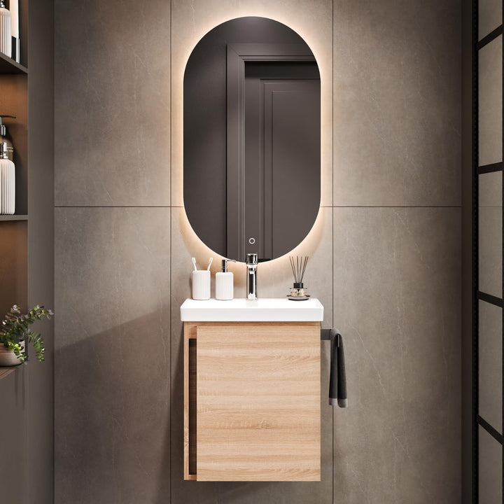 Planetmöbel Waschtischunterschrank 50 cm Sonoma Eiche mit Armatur Chrom mit Wasserhahn Chrom Sonoma
