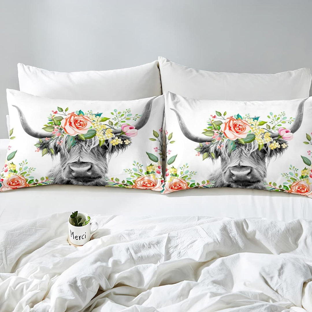 Homemissing Highland Kuh Bettwäsche Set für Mädchen Jungen Kinder Bull Rinder Blumen Bettwäsche 135x