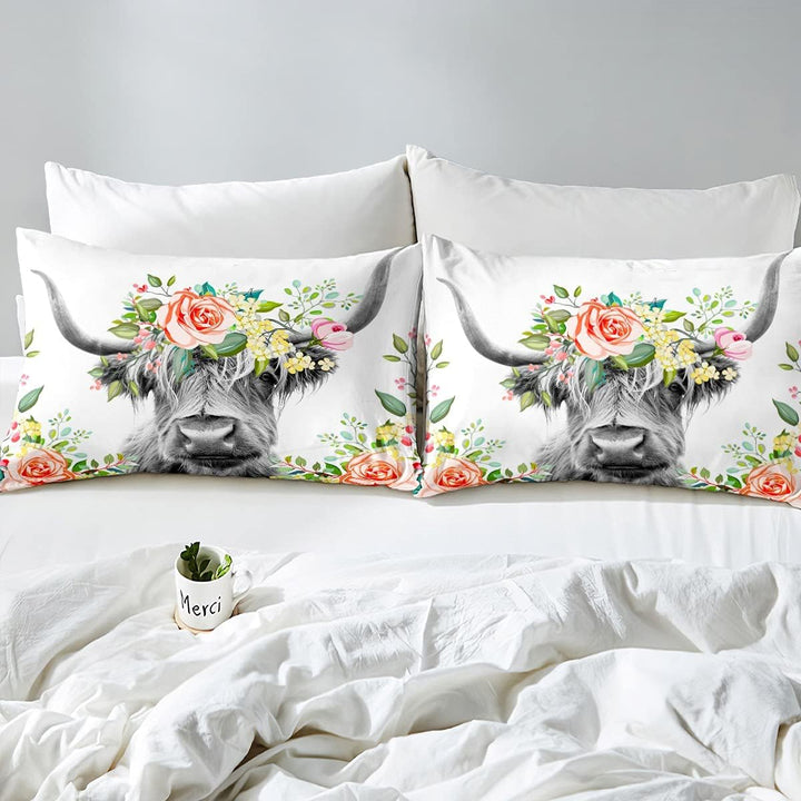Homemissing Highland Kuh Bettwäsche Set für Mädchen Jungen Kinder Bull Rinder Blumen Bettwäsche 135x