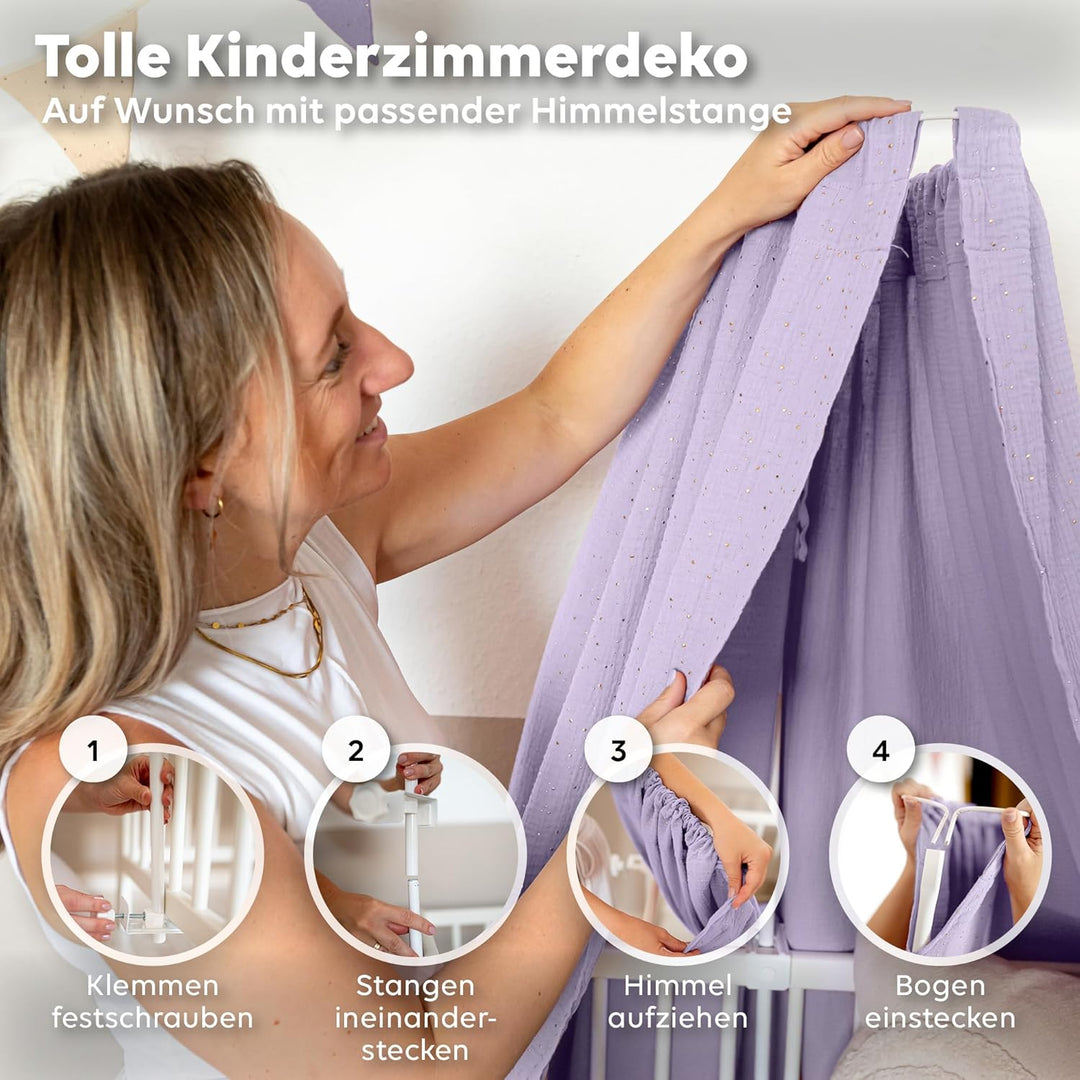 Betthimmel Babybett mit Goldapplikationen [in 12 Farben] Himmel Babybett aus 100% Baumwolle Musselin