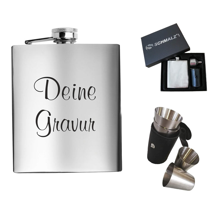 Schmalz Flachmann-Set 7-teilig aus Edelstahl – inklusive Gravur, Geschenkverpackung, Stamperl, Etui,
