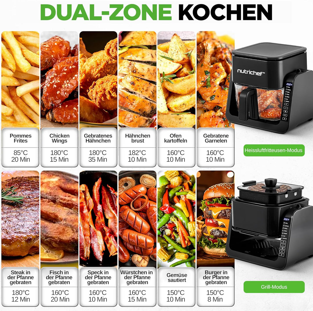 Nutrichef Heissluftfritteuse + Elektrogrill, 4L Airfryer mit Sichtfenster bis 360°C, 7 Programme, An