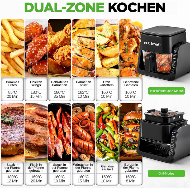 Nutrichef Heissluftfritteuse + Elektrogrill, 4L Airfryer mit Sichtfenster bis 360°C, 7 Programme, An