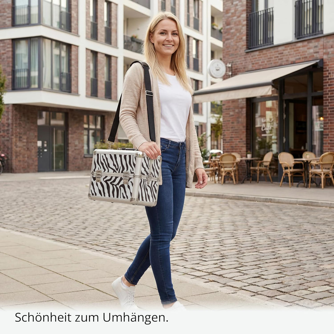 N&BF Kosmetikkoffer Zebra Design – Stylischer Schminkkoffer Damen leer & Klein | Beauty Case Abschli